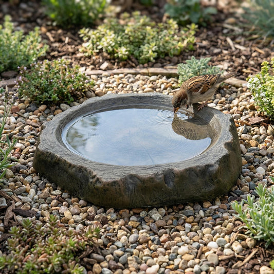 Handcrafted concrete log-style bird bath and feeder combo