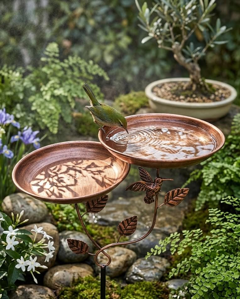 Double Layer Copper Bird Bath — Vintage Hummingbird Leaf Garden Decor - BIRDLOVER