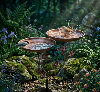 Double Layer Copper Bird Bath — Vintage Hummingbird Leaf Garden Decor - BIRDLOVER