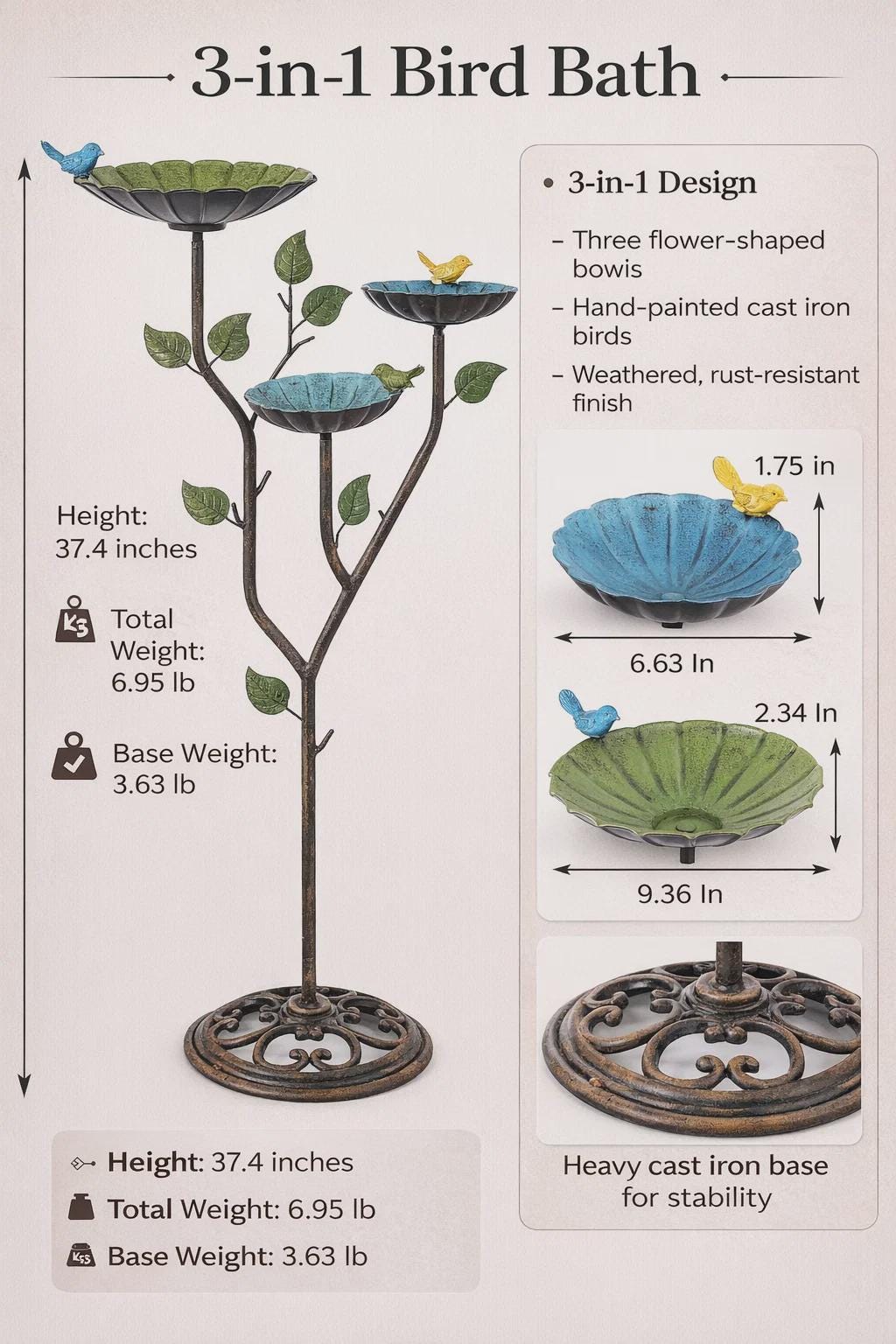 37-Inch Metal Bird Bath Feeder — 3 in 1 Garden Decor with Heavy Base - BIRDLOVER