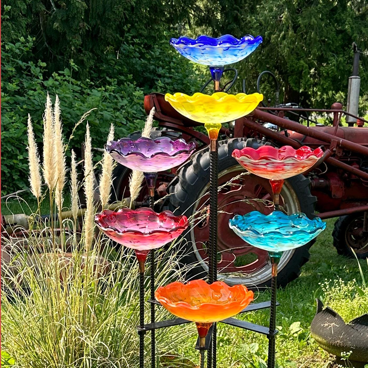 Handmade Sculpted Blown Glass Bird Bath — Colorful Garden Art - BIRDLOVER