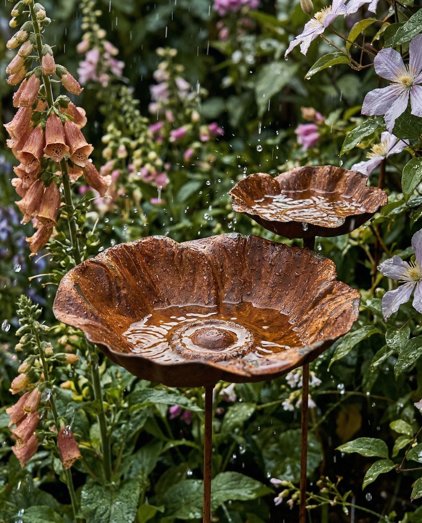 Metal Flower Bird Bath — Garden Stake Rustic Outdoor Garden Decor - BIRDLOVER