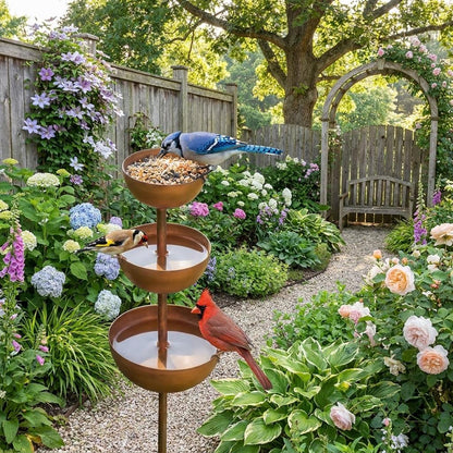 Rustic Metal Bird Bath Feeder — 3 Tier Garden Fountain Decor - BIRDLOVER