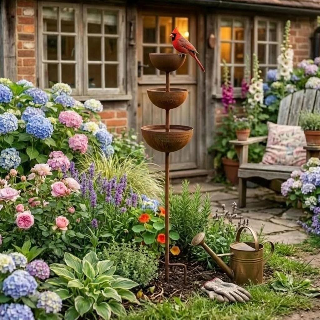 Rustic Metal Bird Bath Feeder — 3 Tier Garden Fountain Decor - BIRDLOVER