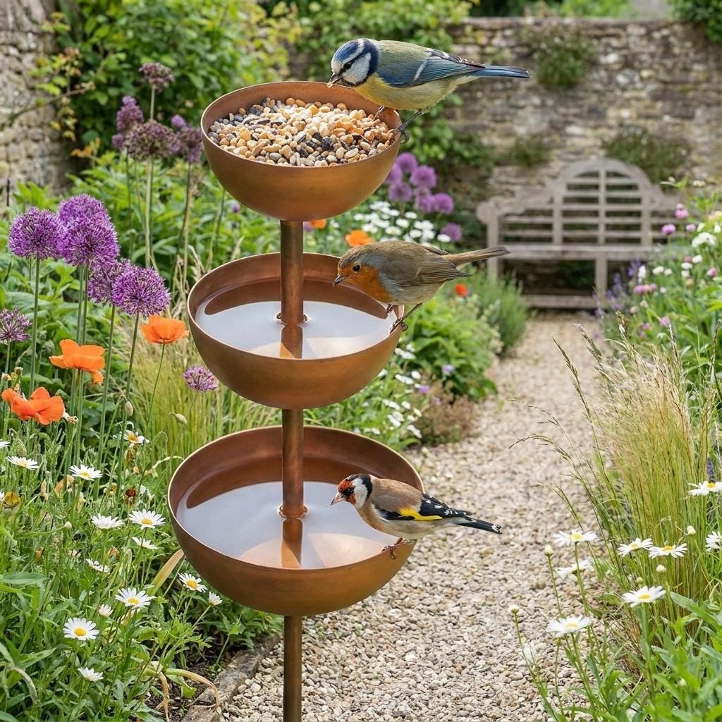Rustic Metal Bird Bath Feeder — 3 Tier Garden Fountain Decor - BIRDLOVER