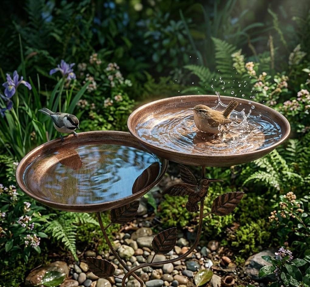 Double Layer Copper Bird Bath — Vintage Hummingbird Leaf Garden Decor - BIRDLOVER