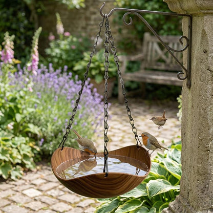 Hanging bird bath feeder bowl with wood-look finish and chain