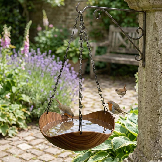 Hanging bird bath feeder bowl with wood-look finish and chain