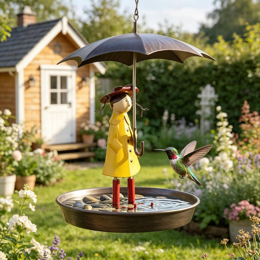 Whimsical Raincoat Girl Bird Feeder Bath — Vintage Umbrella Metal Garden Decor - BIRDLOVER