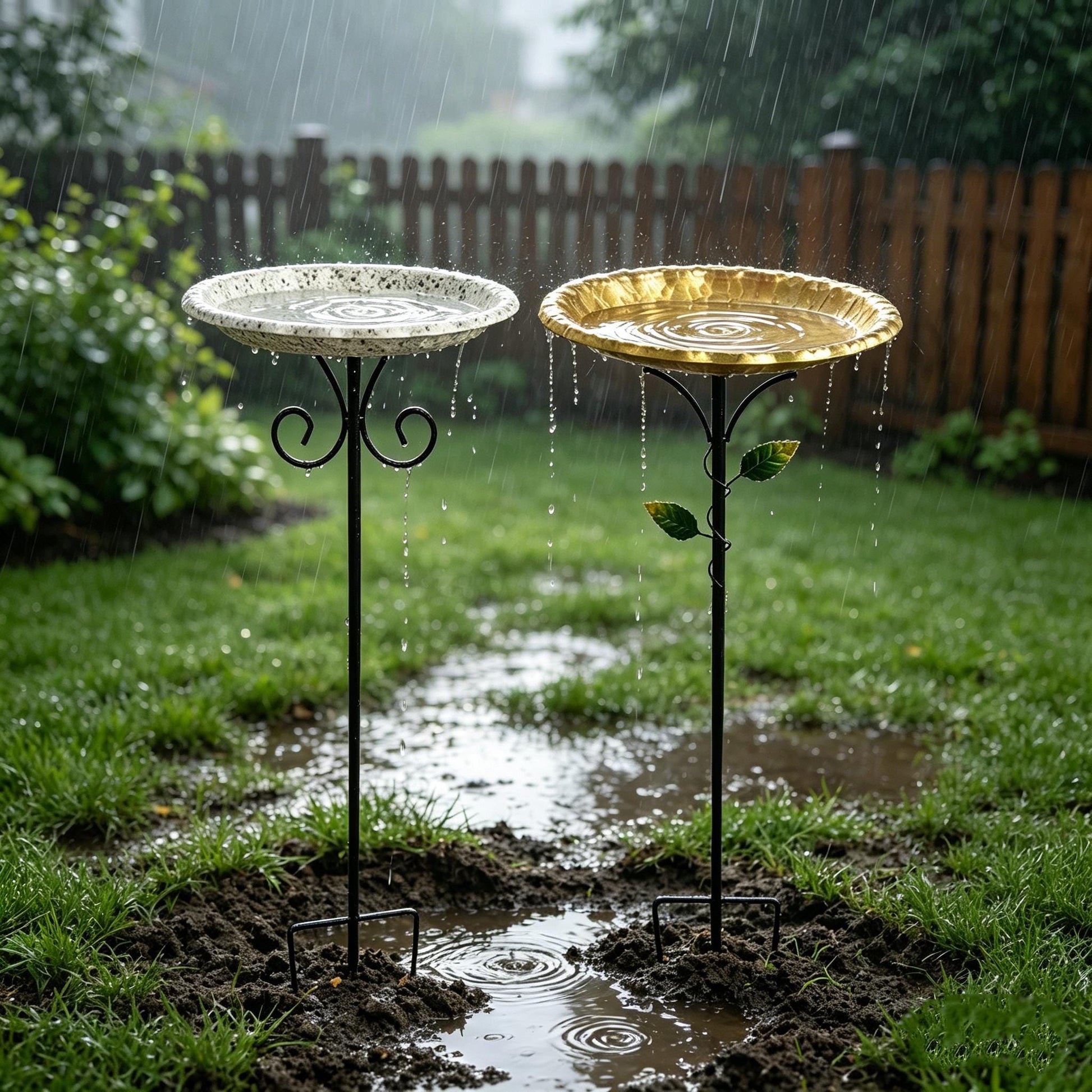 Wrought Iron Bird Bath and Feeder Set — Ground Stake Garden Decoration - BIRDLOVER