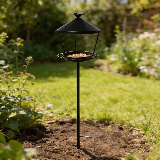 Low Risen Standing Bird Feeder with Roof — Outdoor Garden Bird Feeding Station - BIRDLOVER