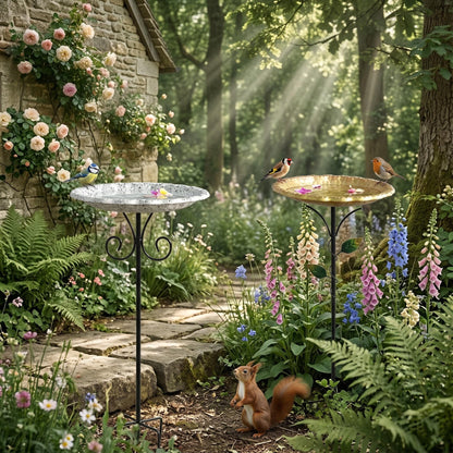 Wrought Iron Bird Bath and Feeder Set — Ground Stake Garden Decoration - BIRDLOVER