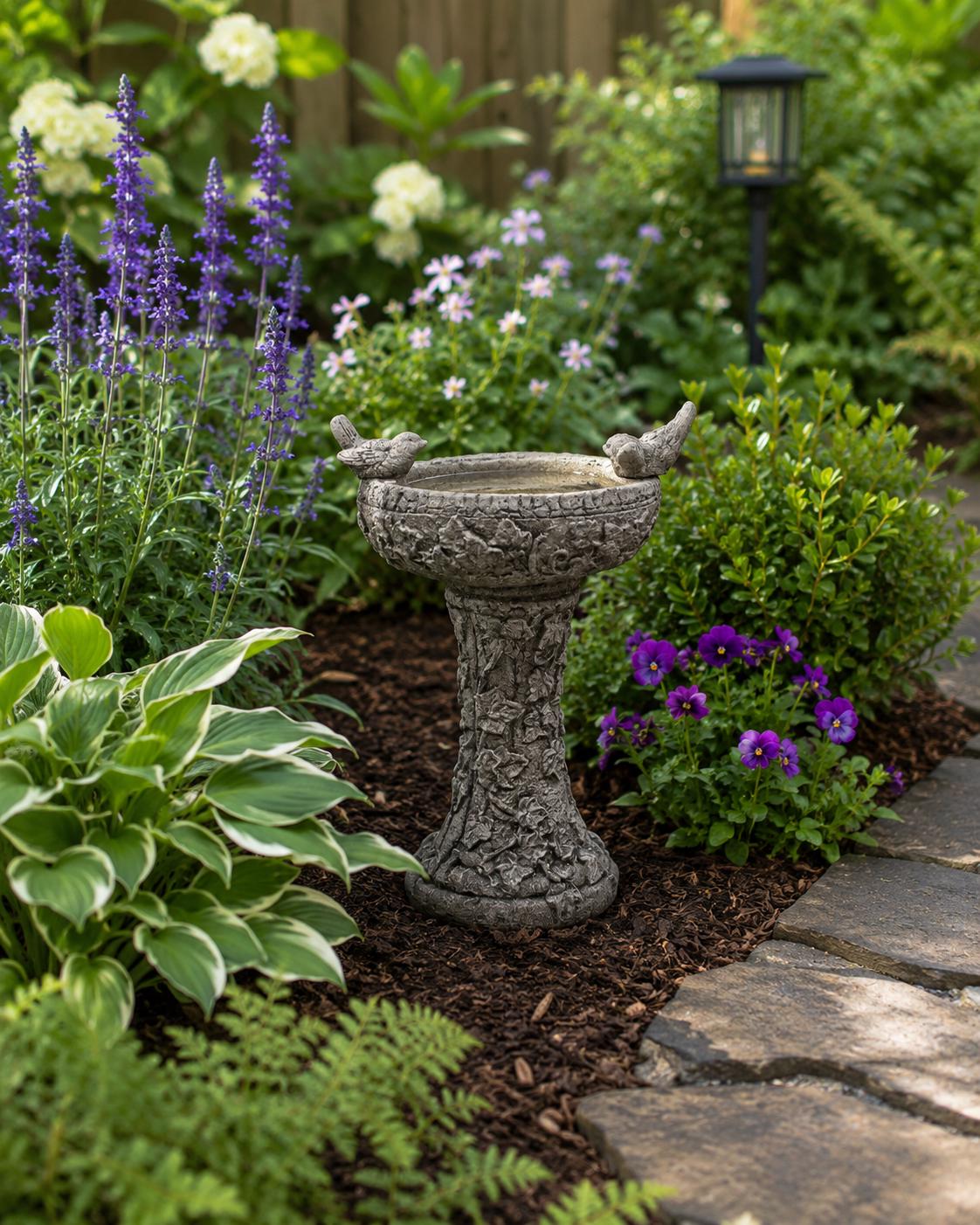 Cast stone pedestal bird bath engraved with sparrow verse, 15 inch tall