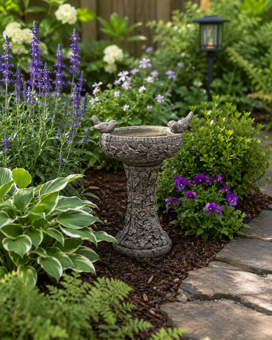 Cast stone pedestal bird bath engraved with sparrow verse, 15 inch tall