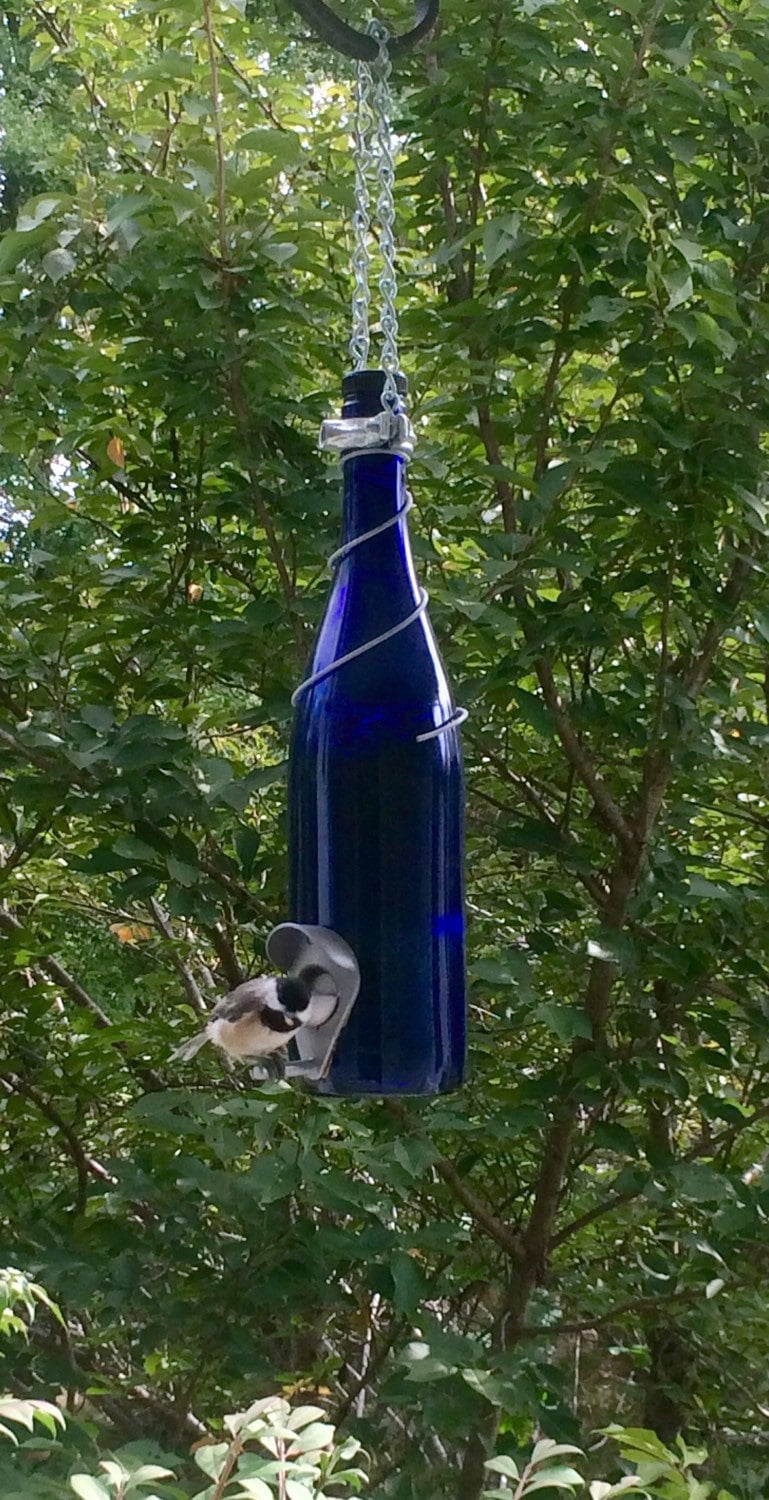 Handmade Wine Bottle Bird Feeder — Upcycled Garden Decor - BIRDLOVER