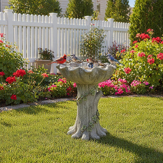 Rustic resin tree stump bird bath with carved ivy vines, cottagecore garden decor