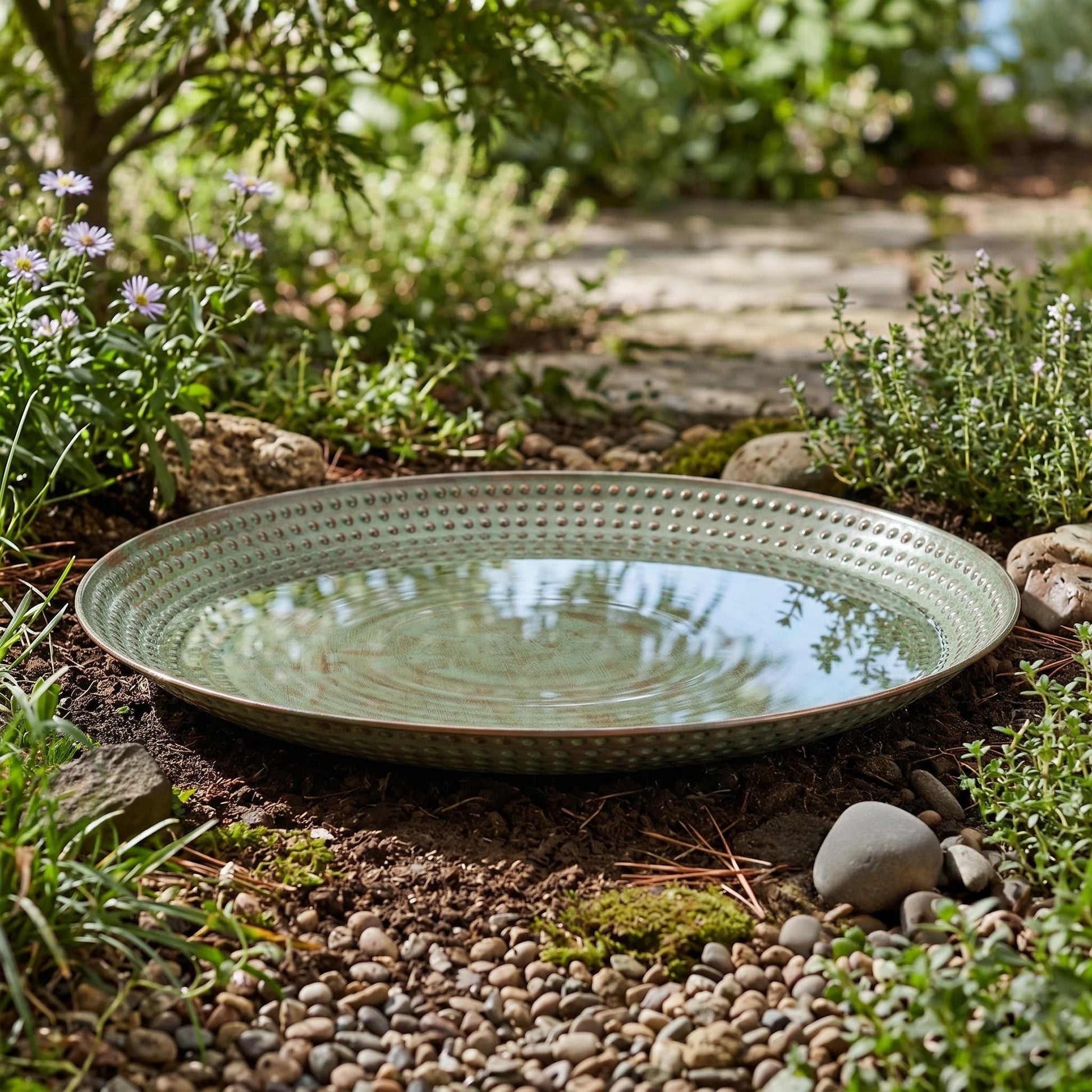 Copper bird bath basin with verde finish and hand-punched beaded rim