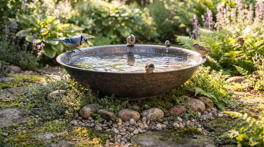 Hammered copper bird bath with antique verde patina finish