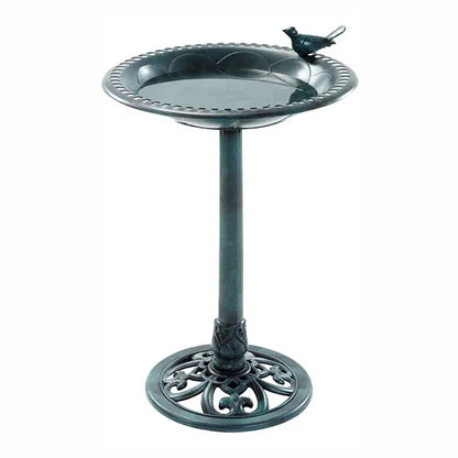 A dark green cast iron pedestal birdbath with a decorative bird perched on the rim, shown against a plain white background.