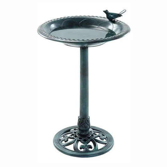 A dark green cast iron pedestal birdbath with a decorative bird perched on the rim, shown against a plain white background.