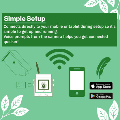 Green background with text about simple setup, smartphone, camera, and app store icons.