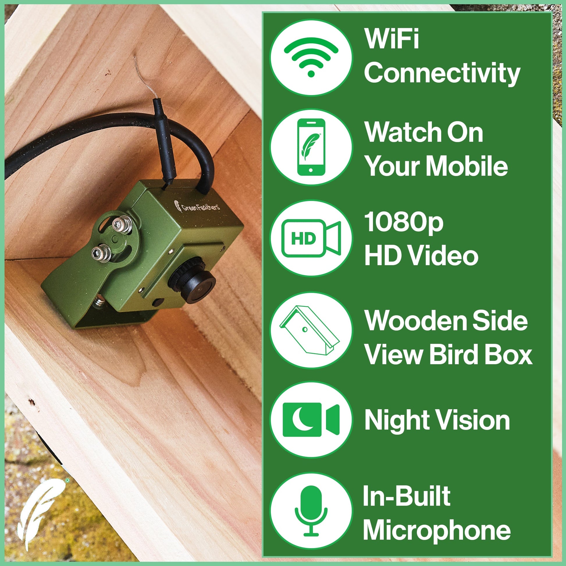 Green bird box camera on a wooden surface with feature list on the right.