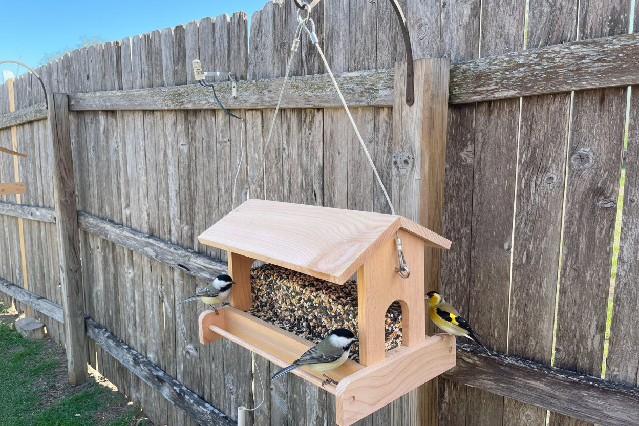 Large, handmade fly through feeder with high capacity seed tray - BIRDLOVER