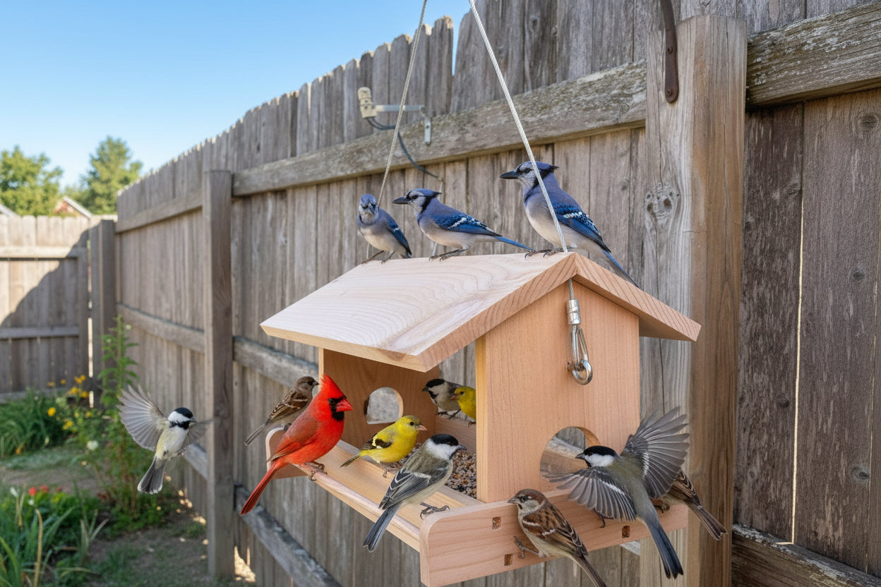 Large, handmade fly through feeder with high capacity seed tray - BIRDLOVER