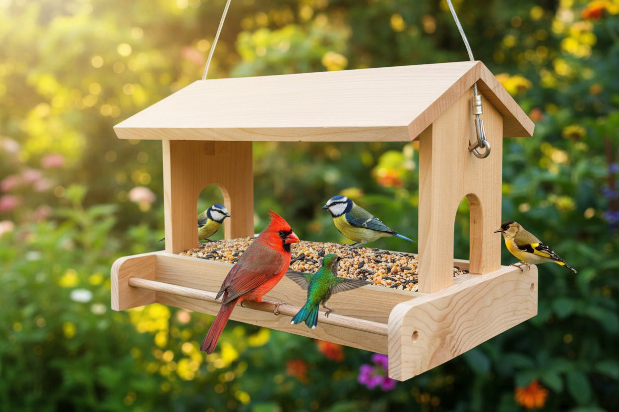 Large, handmade fly through feeder with high capacity seed tray - BIRDLOVER