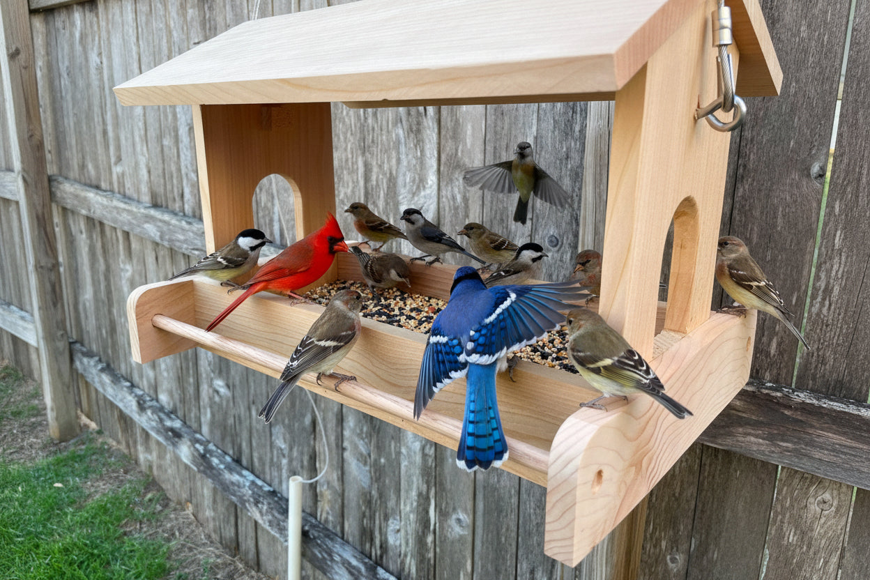 Large, handmade fly through feeder with high capacity seed tray - BIRDLOVER