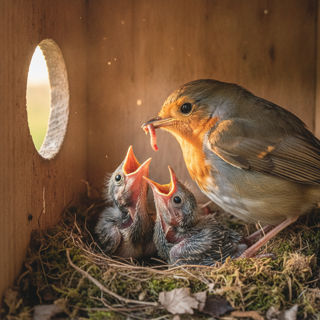 Bird feeding two chicks in a nest with a wooden box in the background