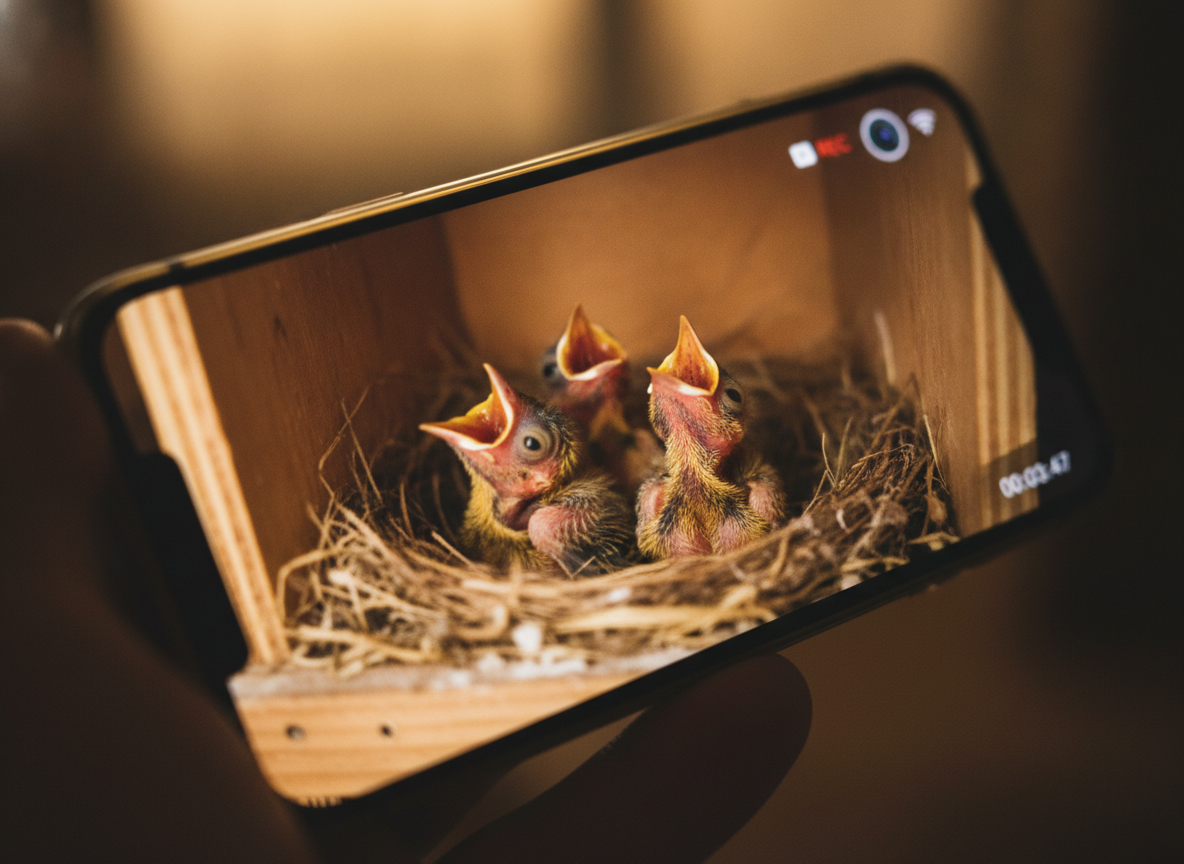 Phone screen showing a nest with baby birds, held by a person.
