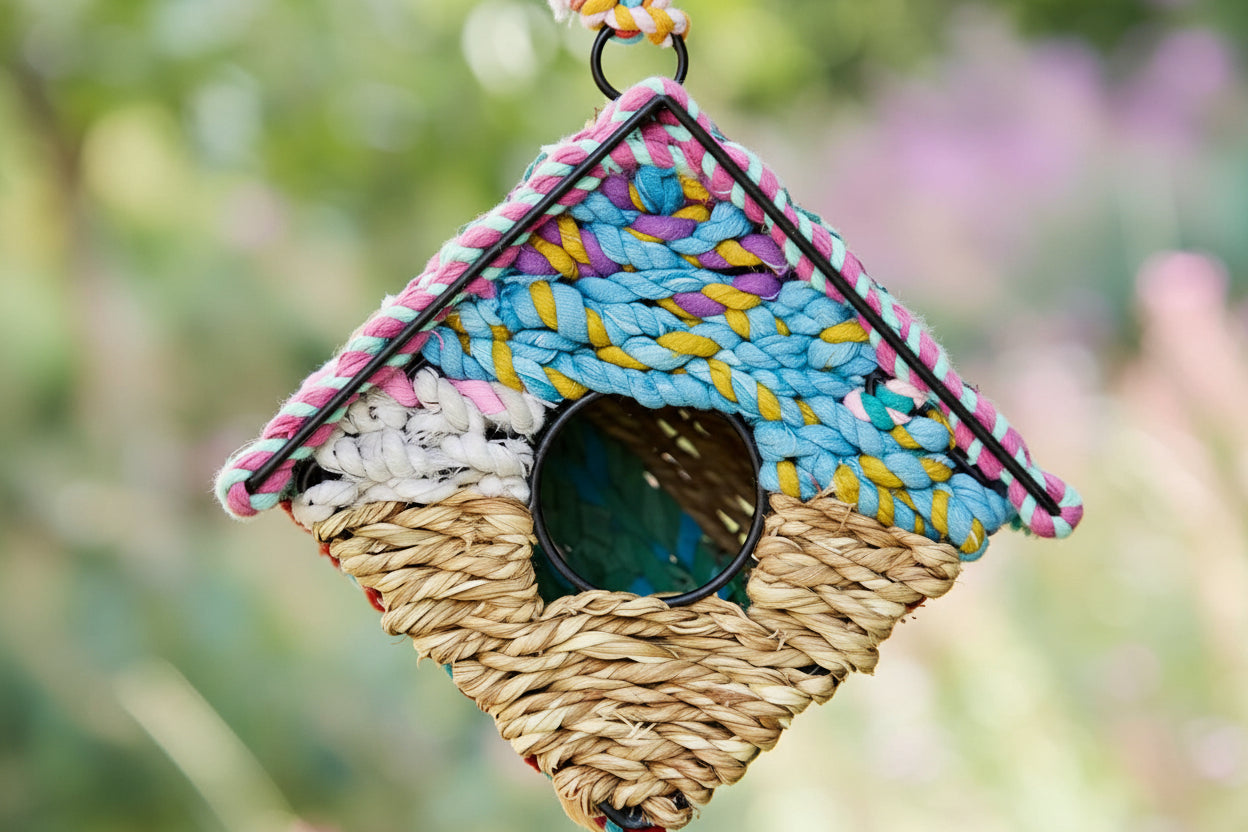 Recycled Cotton Diamond Birdhouse: Handmade Hanging Garden Nester - BIRDLOVER