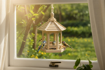 Rustic Wooden Hanging Bird Feeder: Hexagonal Cottage Garden Decor - BIRDLOVER