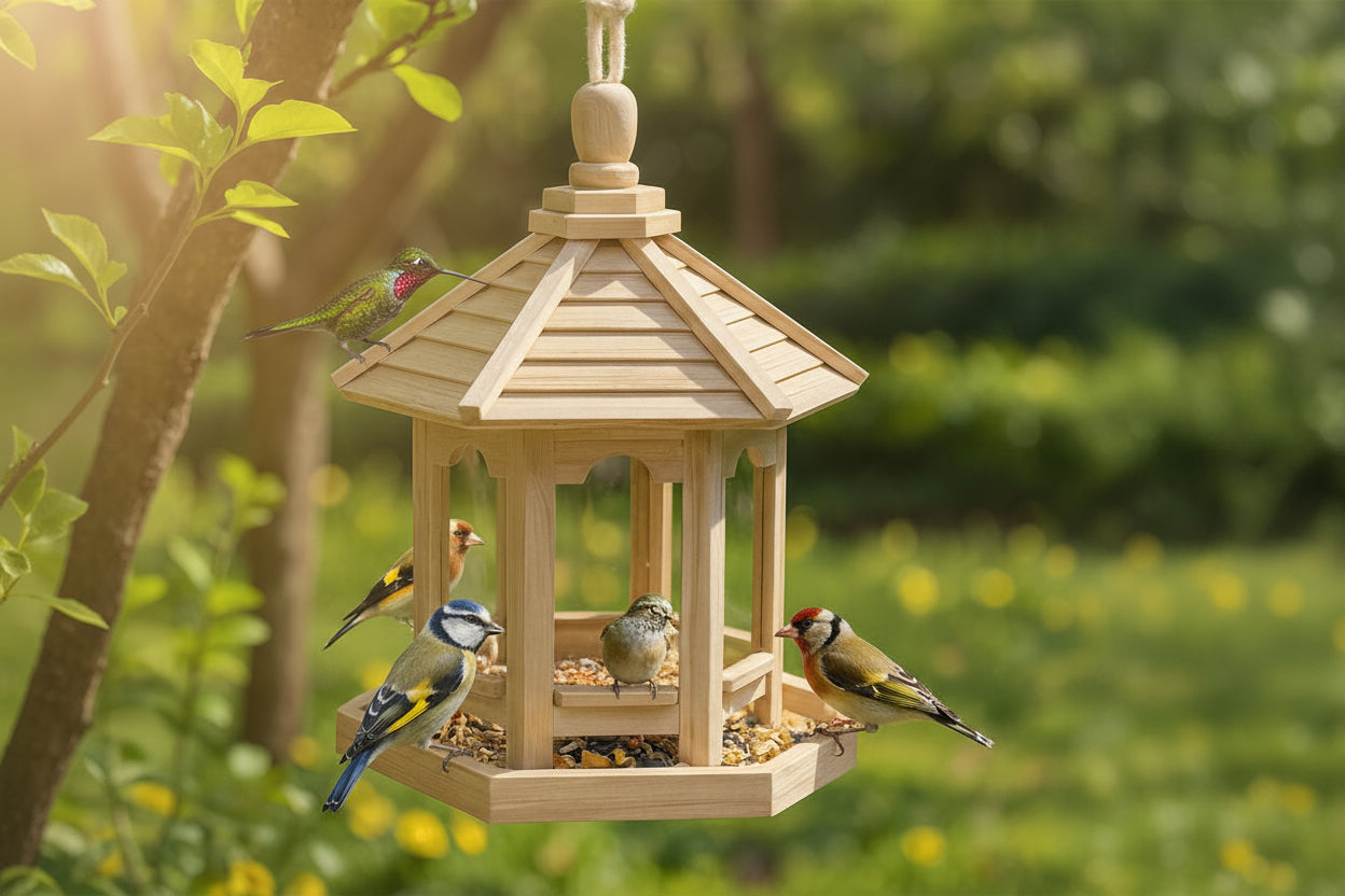 Rustic Wooden Hanging Bird Feeder: Hexagonal Cottage Garden Decor - BIRDLOVER