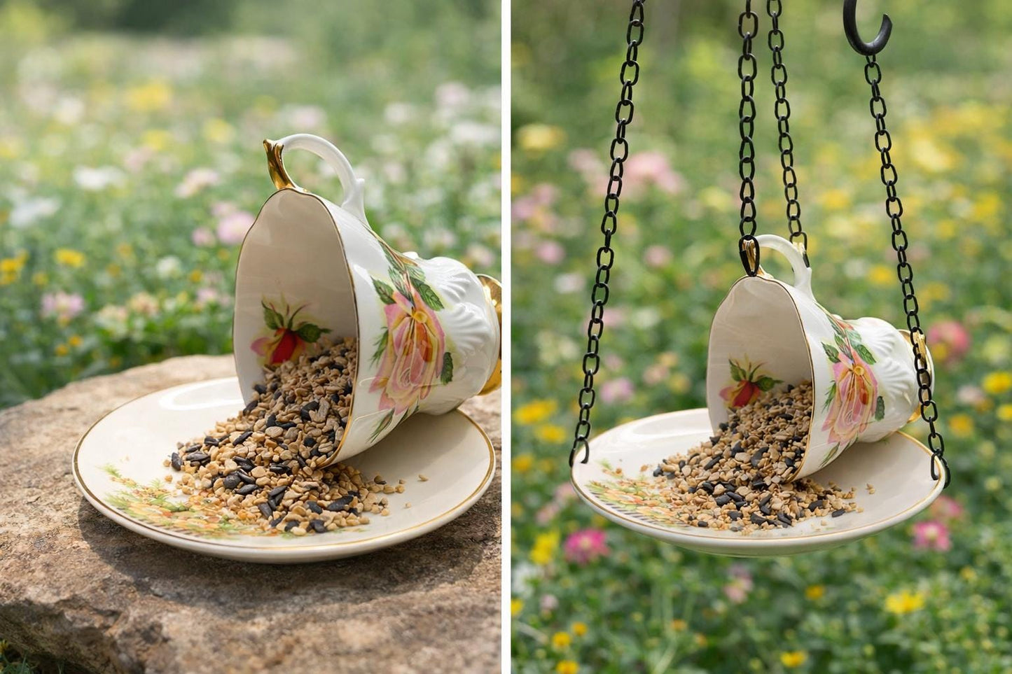 Vintage Spilling Teacup Bird Feeder — Whimsical Cottage Style - BIRDLOVER