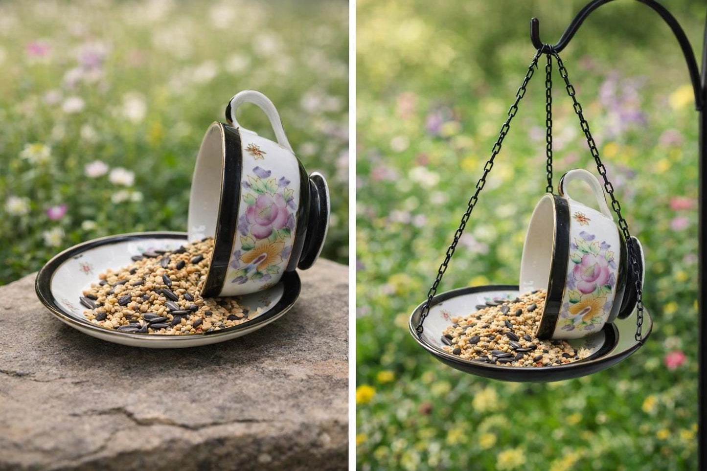 Vintage Spilling Teacup Bird Feeder — Whimsical Cottage Style - BIRDLOVER