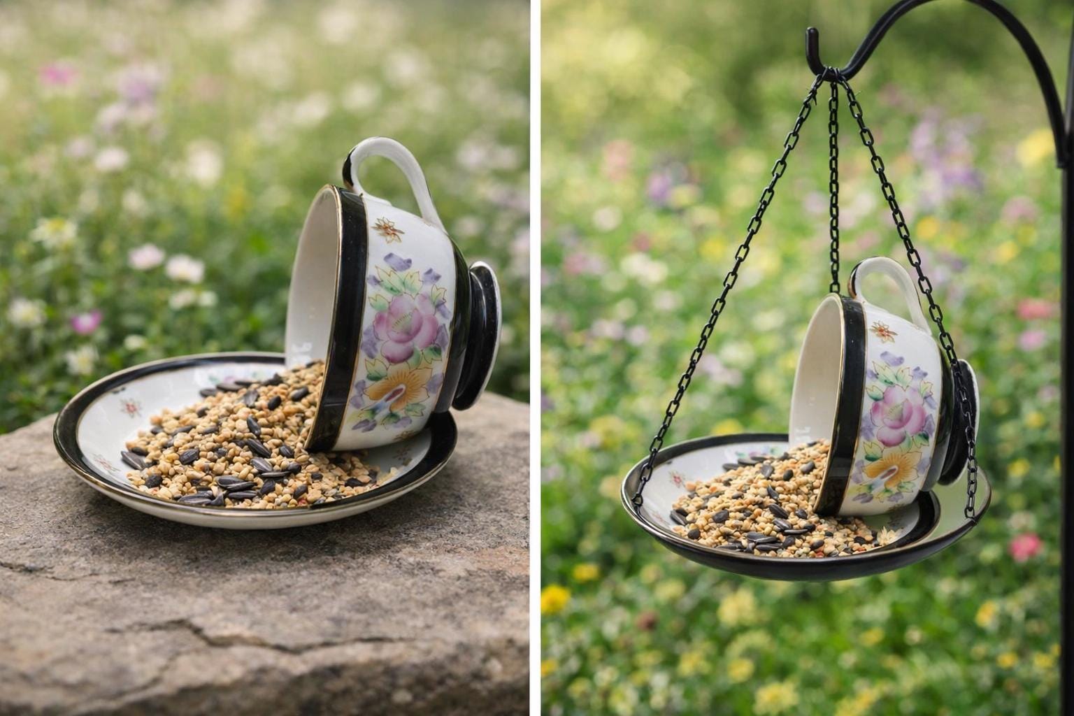 Vintage Spilling Teacup Bird Feeder — Whimsical Cottage Style - BIRDLOVER