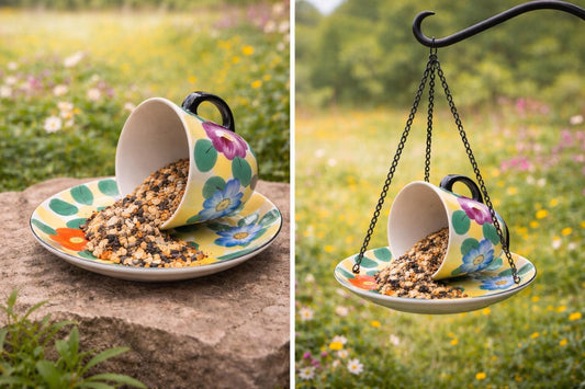 Vintage Spilling Teacup Bird Feeder — Whimsical Cottage Style - BIRDLOVER