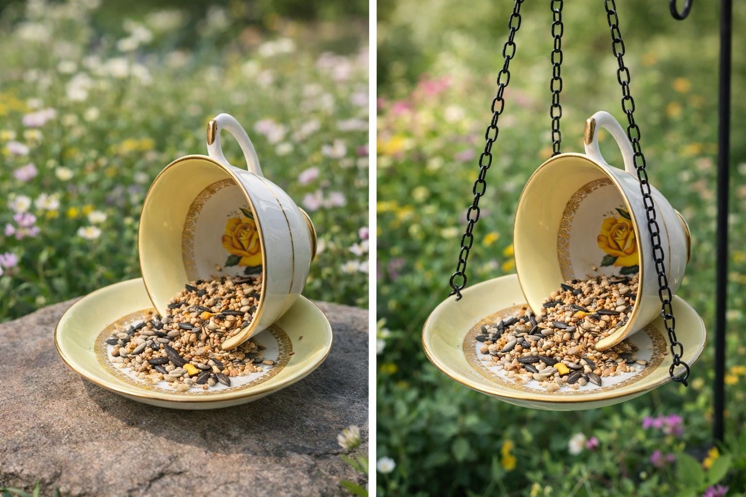 Vintage Spilling Teacup Bird Feeder — Whimsical Cottage Style - BIRDLOVER