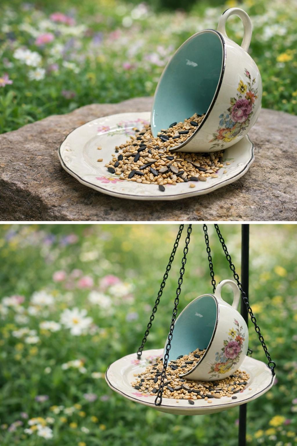 Vintage Spilling Teacup Bird Feeder — Whimsical Cottage Style - BIRDLOVER