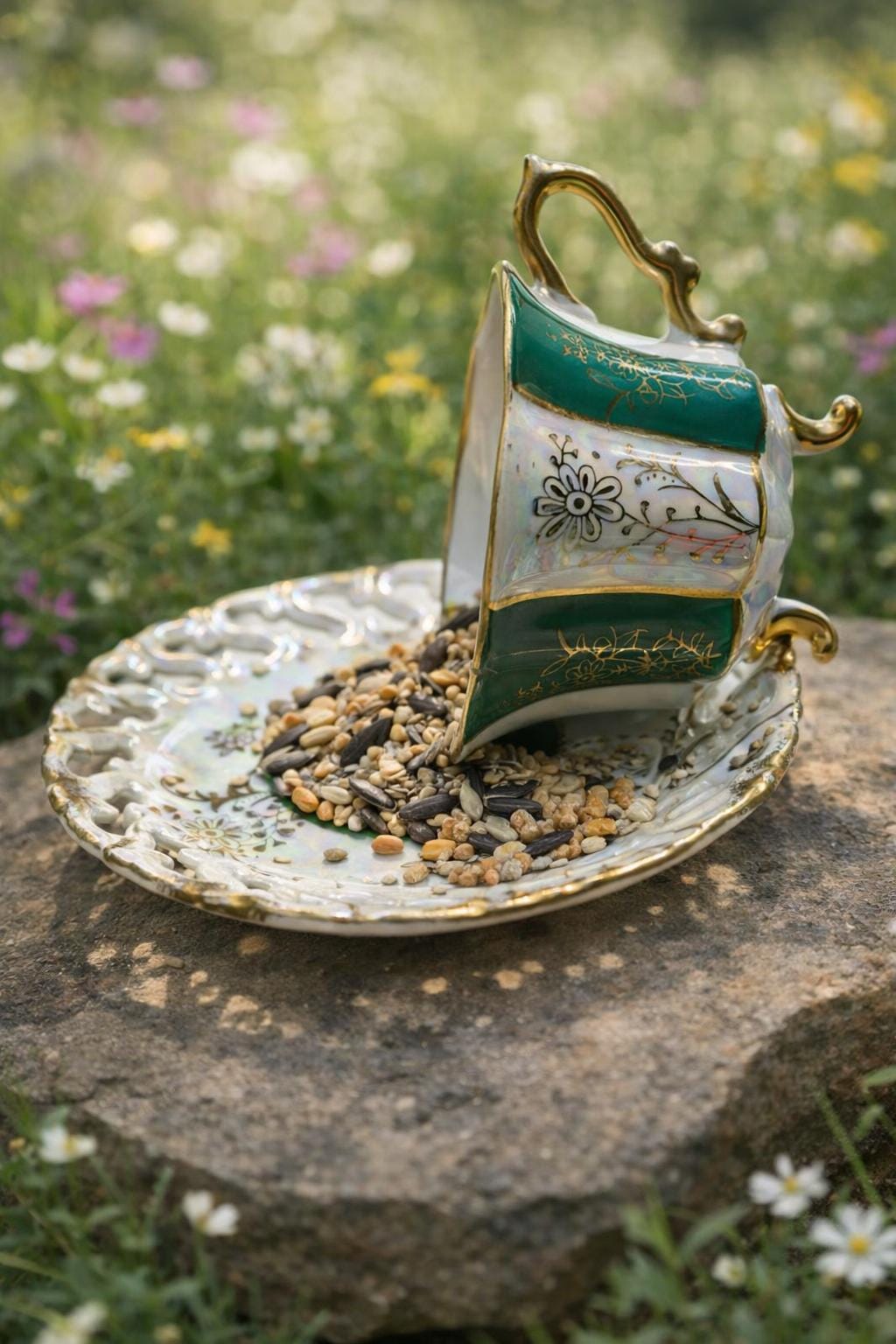 Vintage Spilling Teacup Bird Feeder — Whimsical Cottage Style - BIRDLOVER