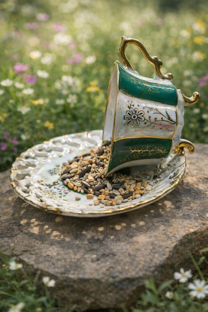 Vintage Spilling Teacup Bird Feeder — Whimsical Cottage Style - BIRDLOVER