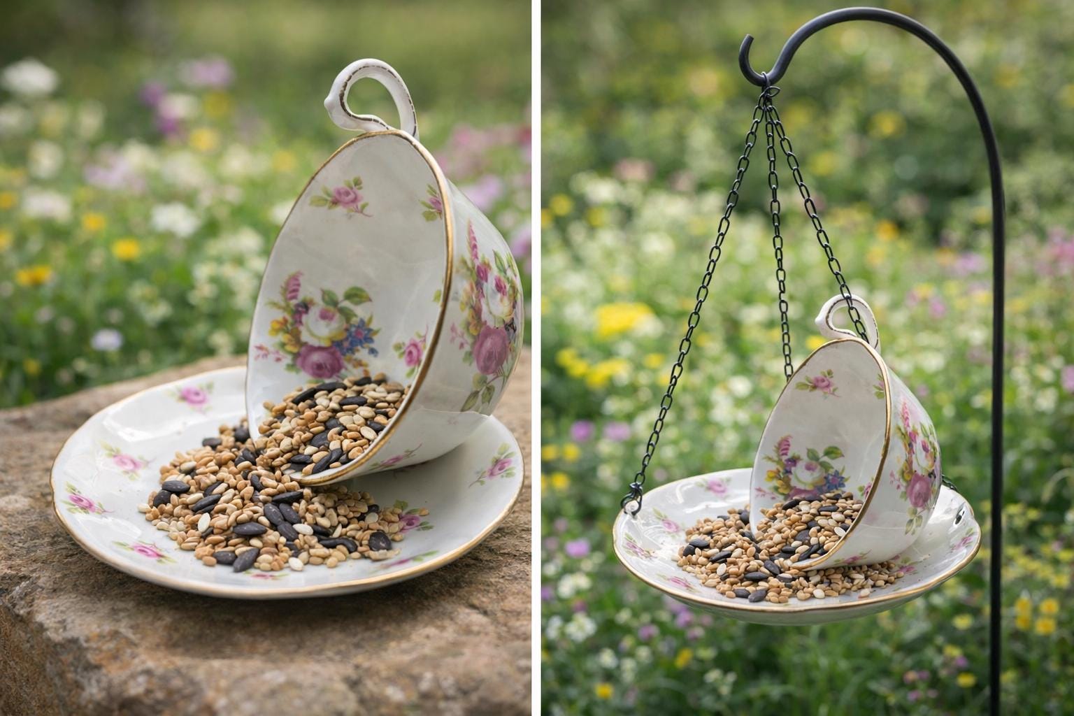 Vintage Spilling Teacup Bird Feeder — Whimsical Cottage Style - BIRDLOVER