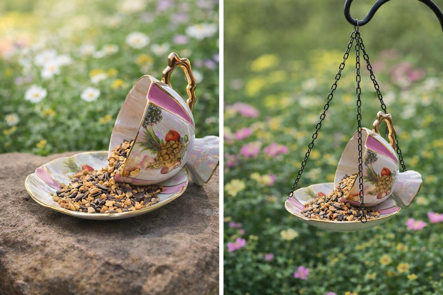 Vintage Spilling Teacup Bird Feeder — Whimsical Cottage Style - BIRDLOVER