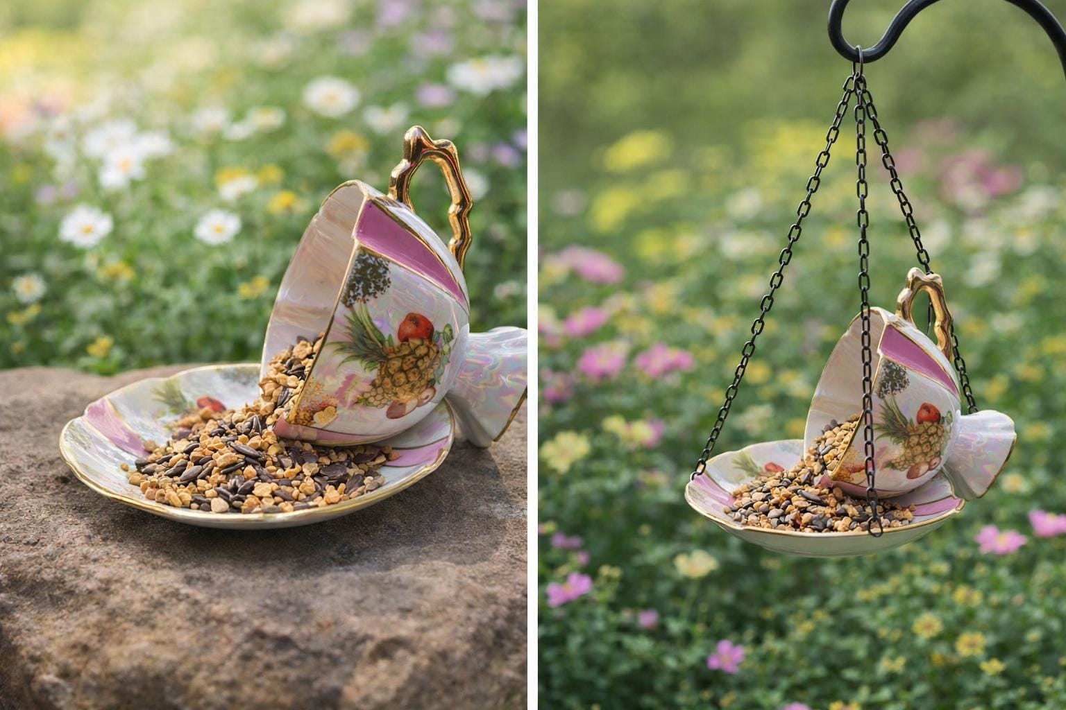 Vintage Spilling Teacup Bird Feeder — Whimsical Cottage Style - BIRDLOVER