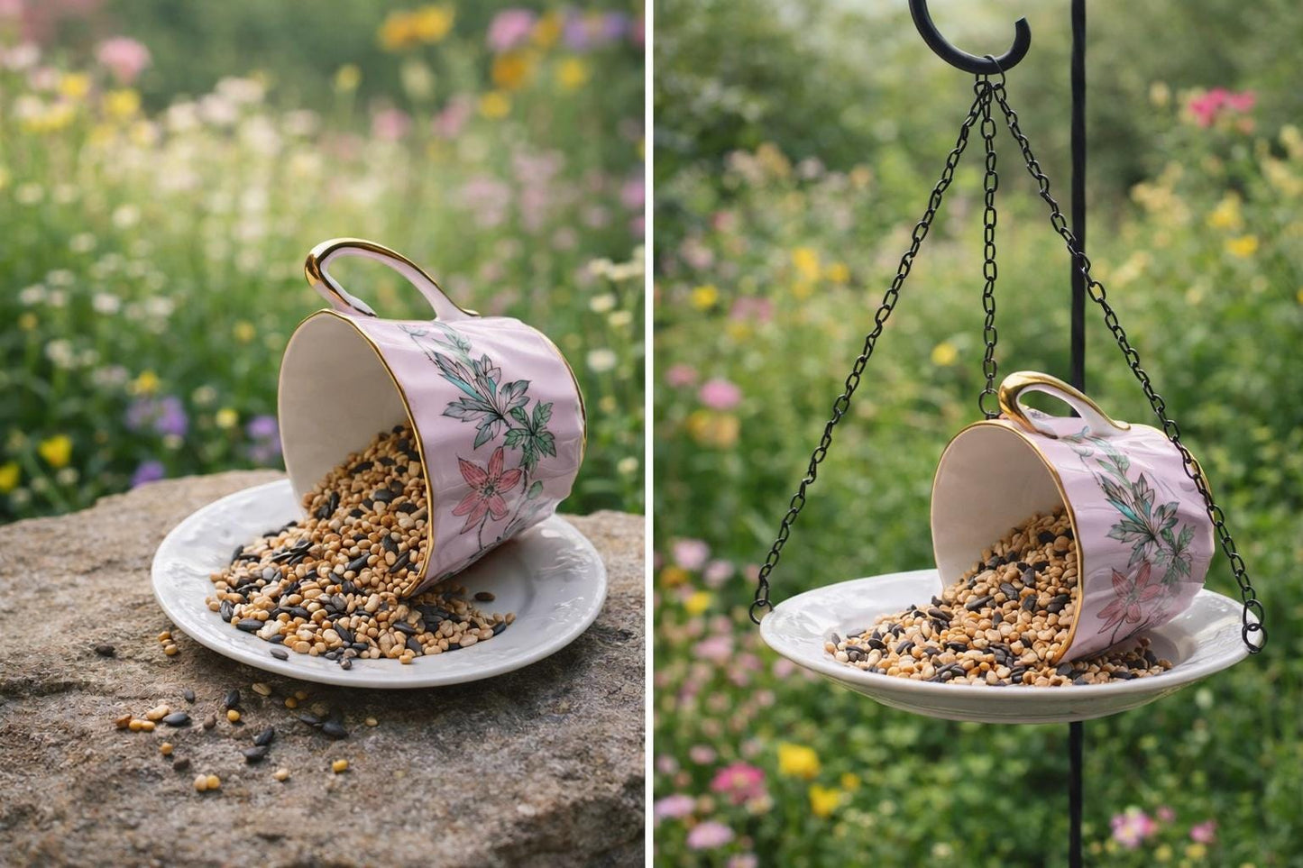 Vintage Spilling Teacup Bird Feeder — Whimsical Cottage Style - BIRDLOVER