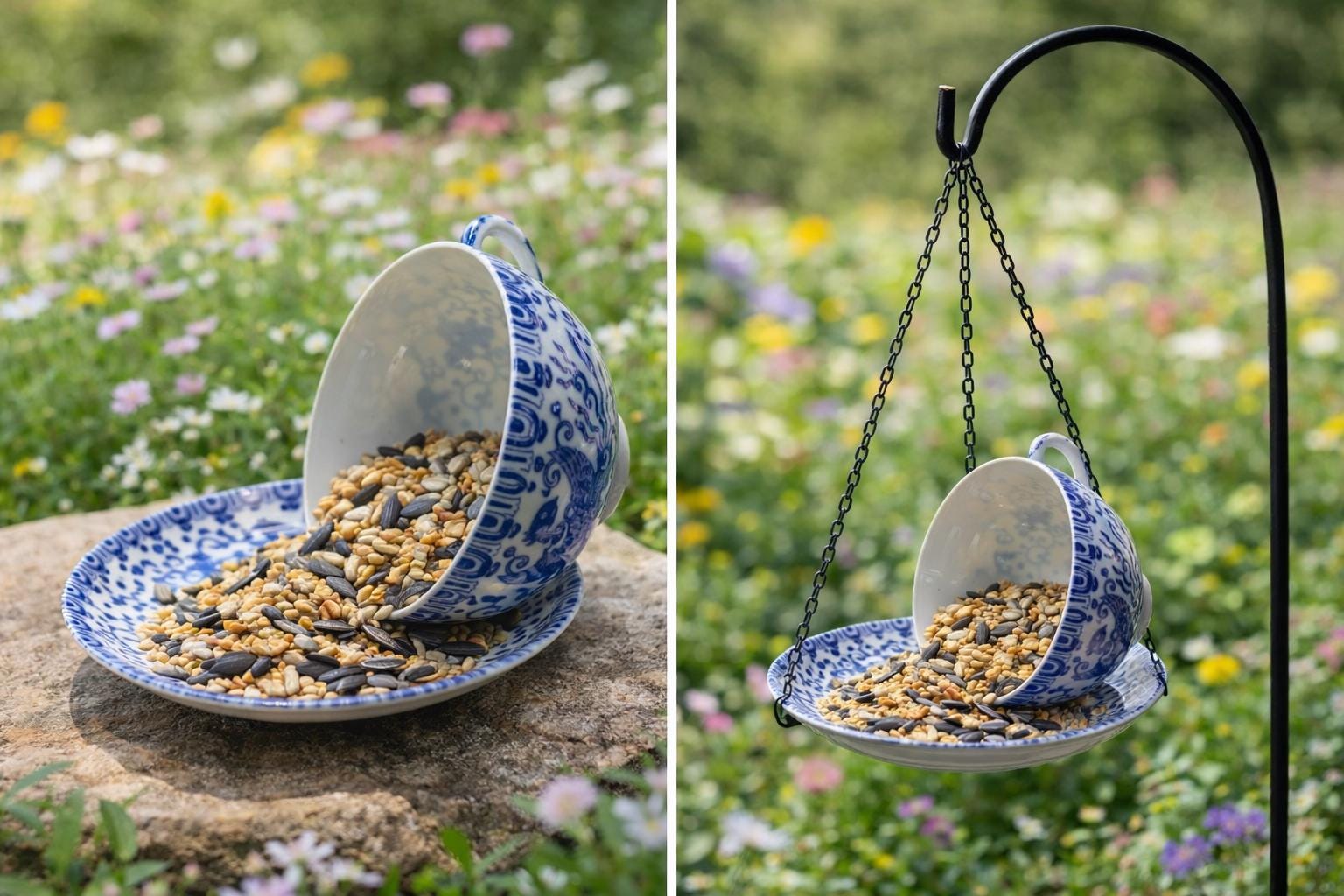 Vintage Spilling Teacup Bird Feeder — Whimsical Cottage Style - BIRDLOVER