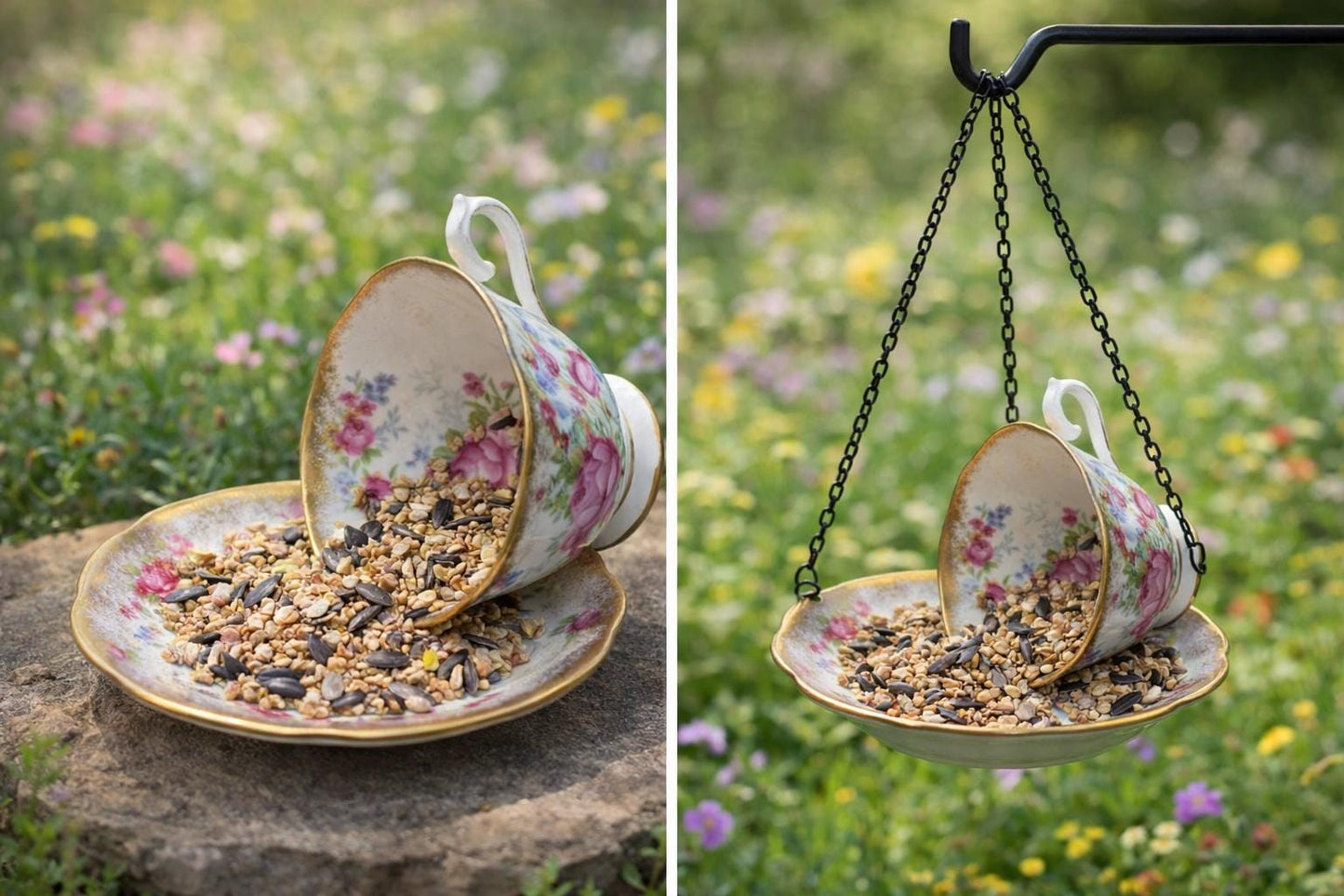 Vintage Spilling Teacup Bird Feeder — Whimsical Cottage Style - BIRDLOVER