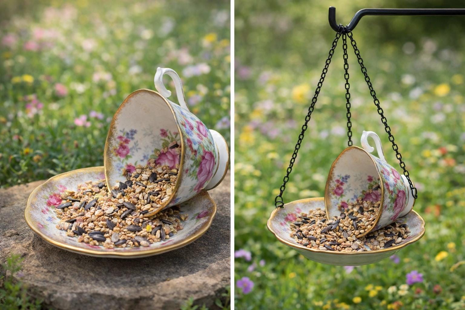 Vintage Spilling Teacup Bird Feeder — Whimsical Cottage Style - BIRDLOVER